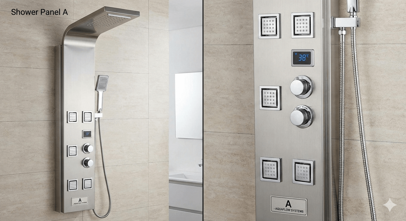 Modern shower panel with thermostatic controls